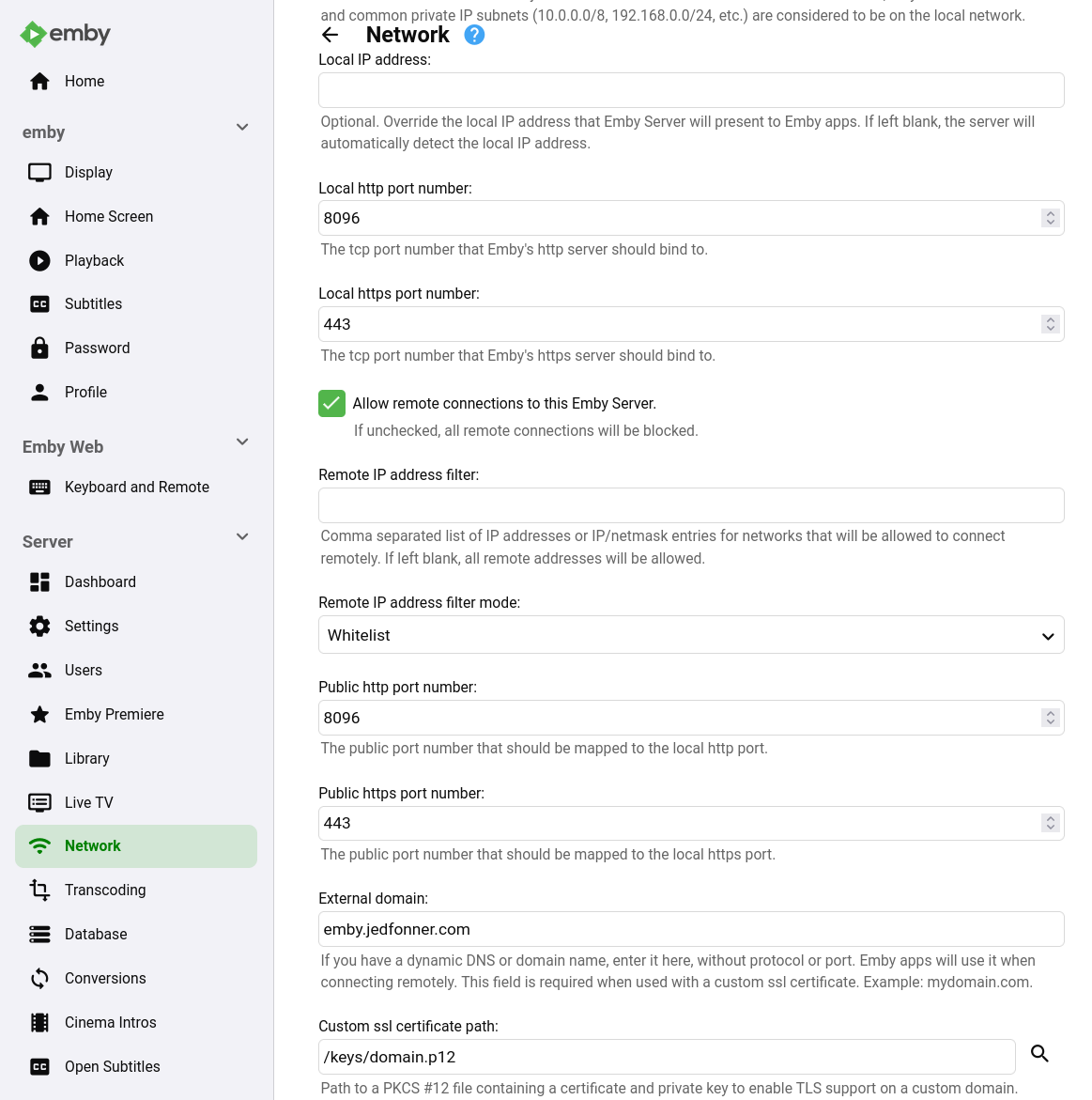 Emby Network Settings
